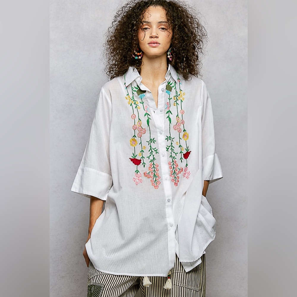 POL Women’s 100% Cotton Embroidered Button-Down Shirt in Ivory